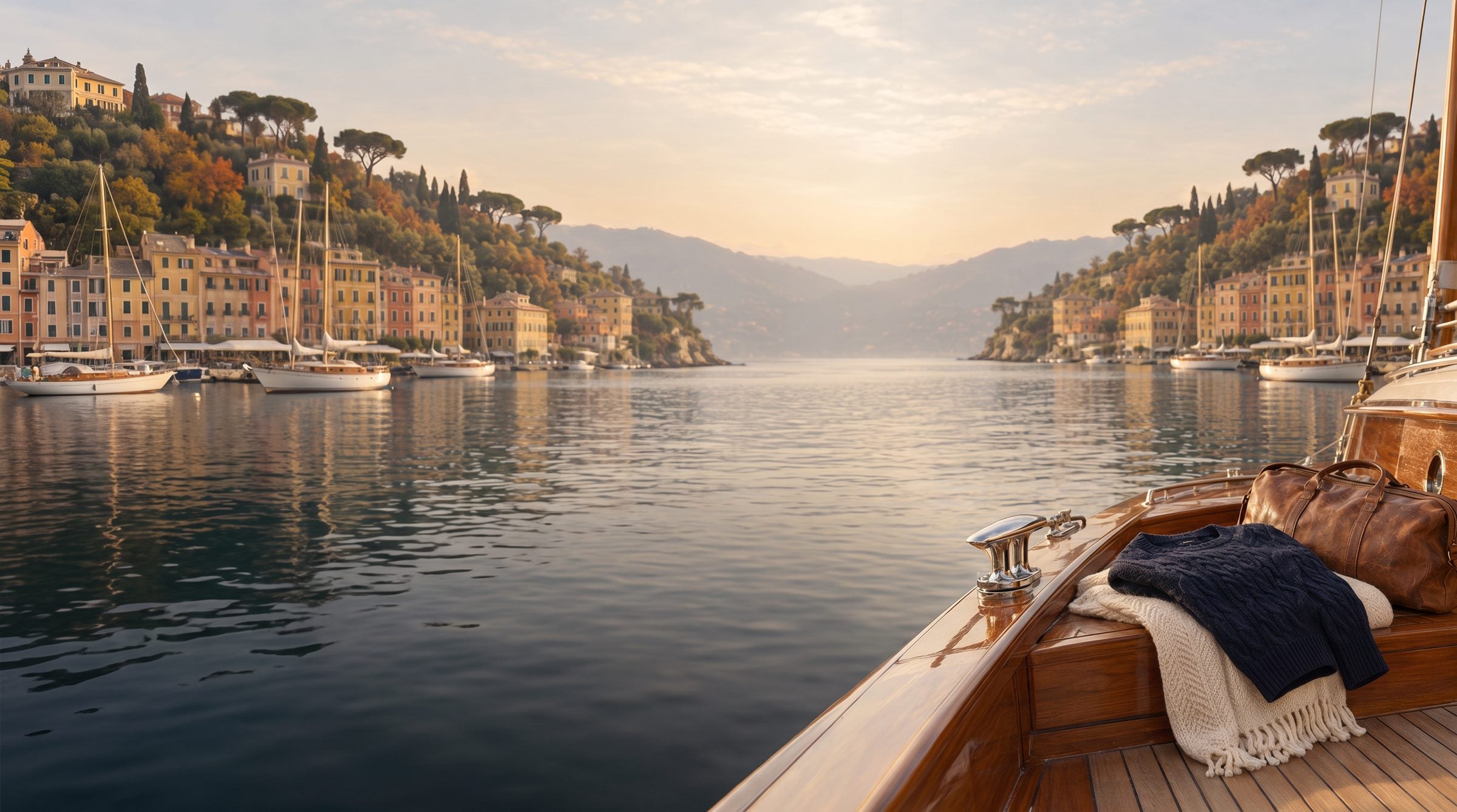 Klassische Holzyacht im Hafen der italienischen Riviera im Herbstlicht