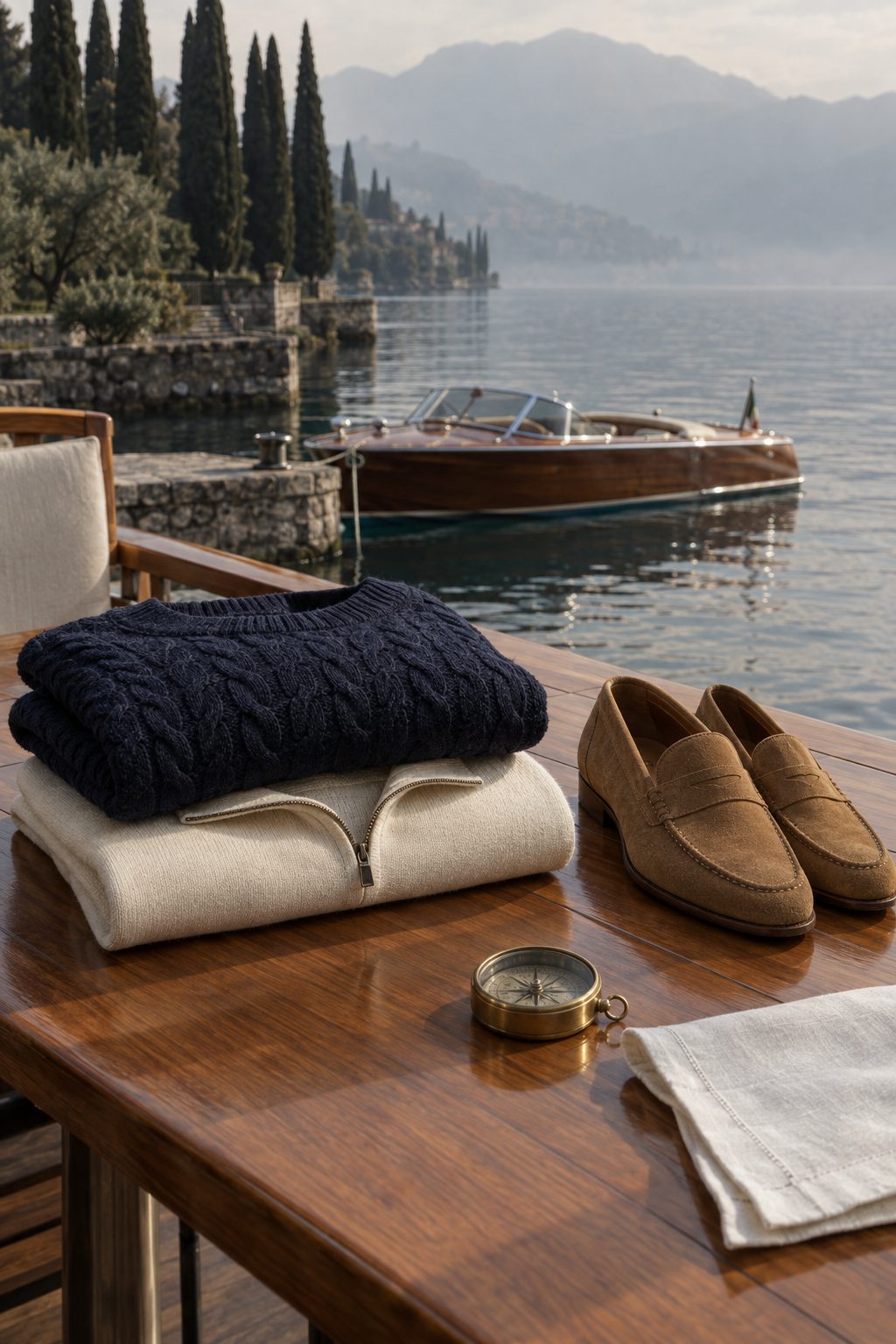 Navy Strickpullover und cremefarbener Quarter-Zip auf einem Teaktisch am See